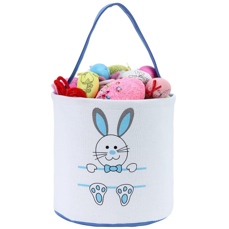 XinblueCo Easter Bunny Basket Egg Bags for Kids,Canvas Cotton Personalized Candy Egg Basket Rabbit Print Buckets with Fluffy Tail Gifts Bags for Easterâ€¦â€¦ - Image 1